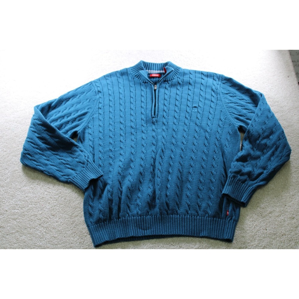 IZOD Men's Sweater XL Dark Turquoise Cable Knit Half Zip Tennis Golf Preppy